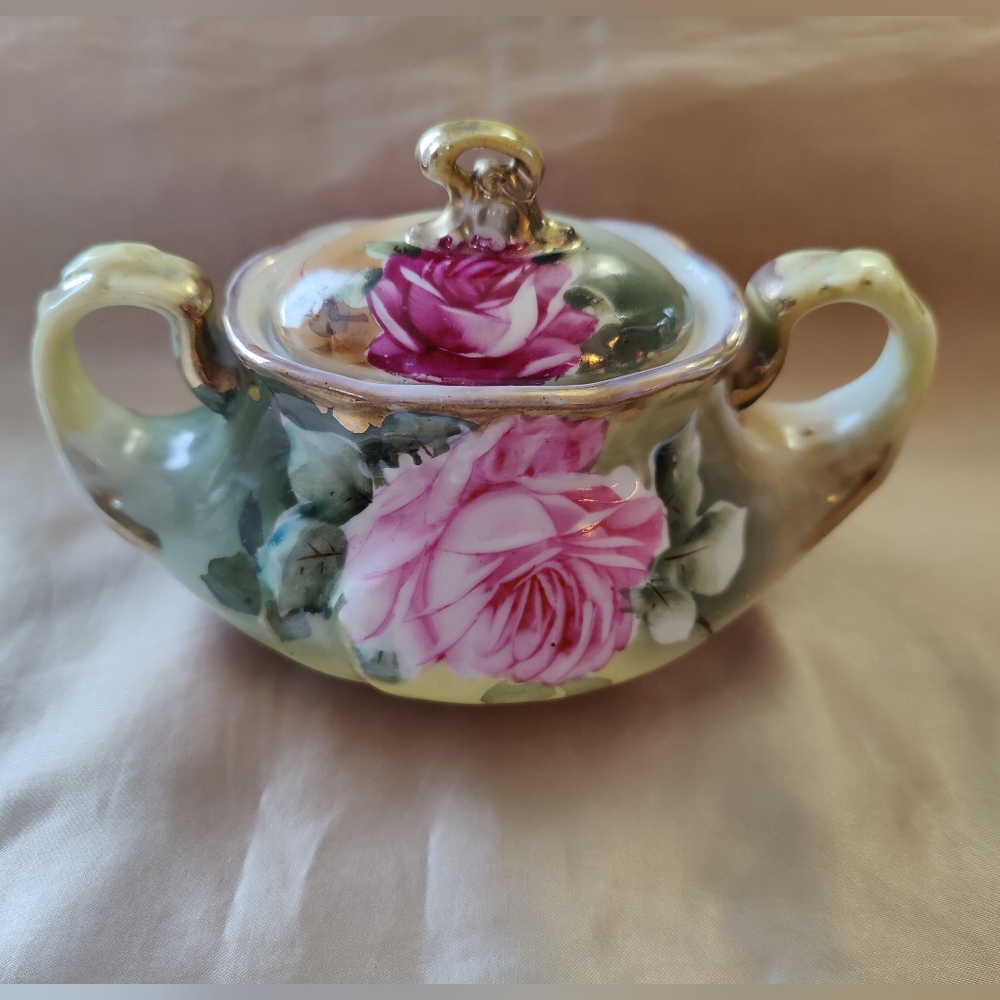 Vintage Nippon Hand-Painted Sugar Bowl with Heavy Gold Trim